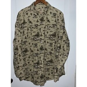 Woolrich Mens 2XL Button Down Long Sleeve Shirt Hunting Dog Bird Print Khaki
